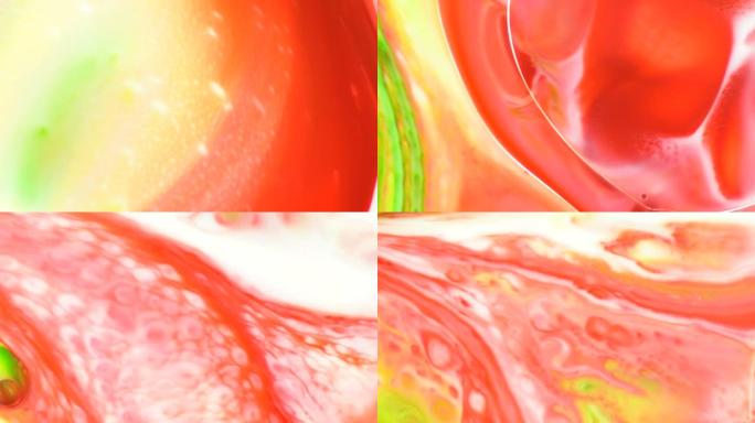 红黄绿流抽象食物颜色墨水移动或流动背景