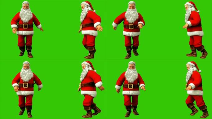 圣诞节期间，圣诞老人在绿色屏幕上走过月球漫步4k。无缝循环动画。