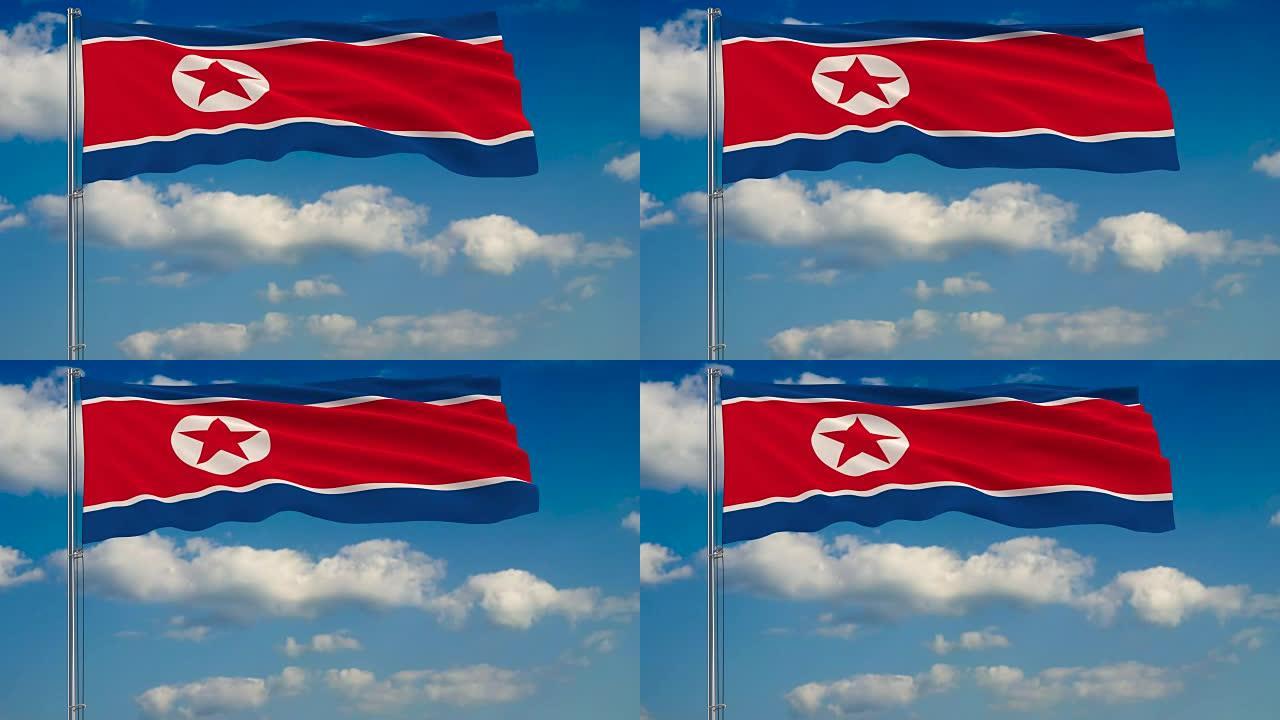 蓝蓝的天空中飘浮着云朵，映衬着朝鲜国旗