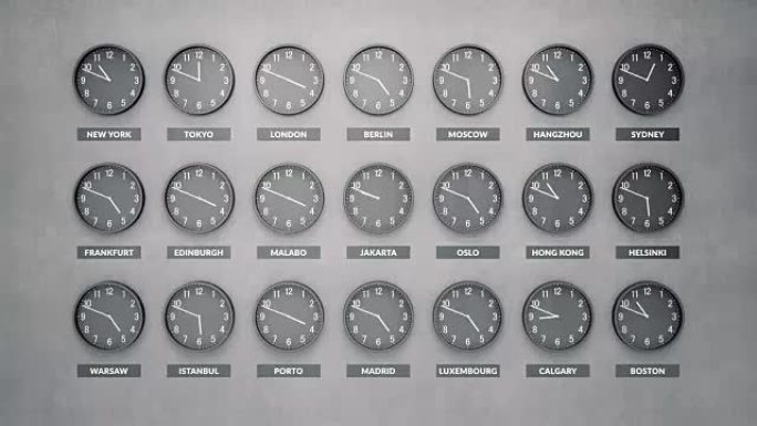 世界各地的许多圆钟都在运行，显示不同城市的不同时间。
