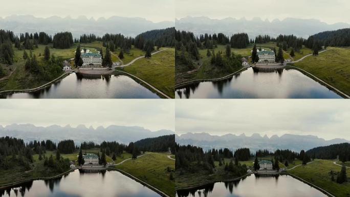 瑞士阿尔卑斯山湖附近建筑的风景鸟瞰图