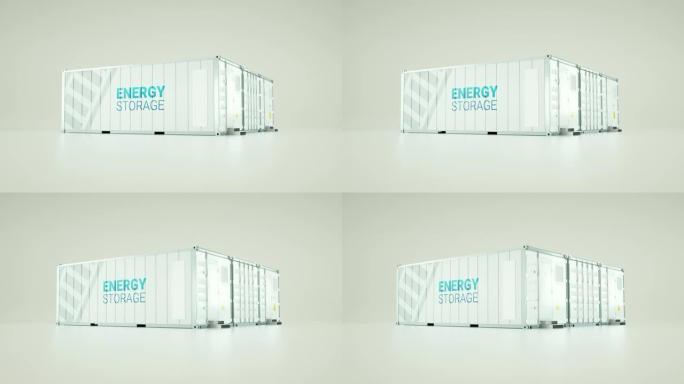 由工业运输集装箱制成的高容量电池储能设施。3d渲染。