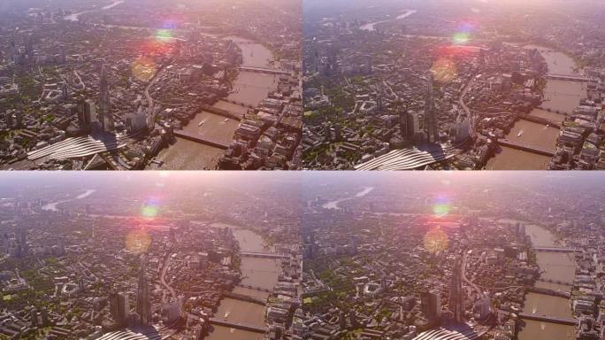 碎片大厦、泰晤士河和英国伦敦市中心的鸟瞰图。4K