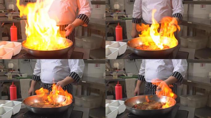 着火做饭。厨师用火在锅里煮蔬菜和肉。餐厅。意大利菜。健康饮食。1080p