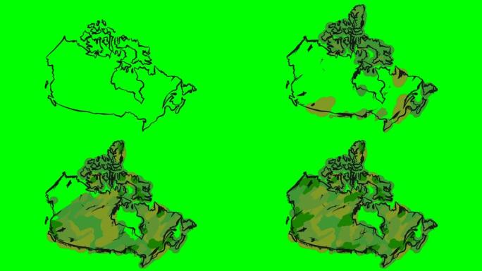 加拿大在绿屏孤立白板上绘制彩色地图