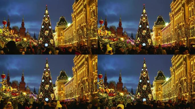 俄罗斯莫斯科红场。克里姆林宫和口香糖购物中心附近的新年集市上的人们