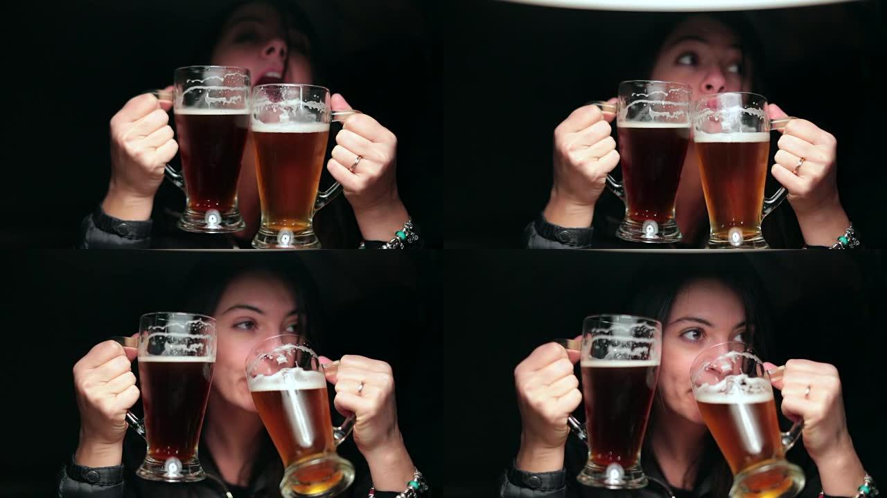 女人愚蠢地庆祝生啤酒，举着两个大杯子。女孩喝啤酒表现得很傻