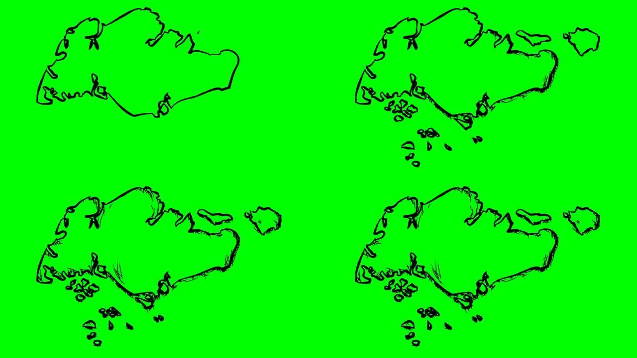 新加坡在绿屏孤立白板上绘制轮廓图