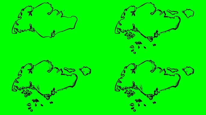 新加坡在绿屏孤立白板上绘制轮廓图