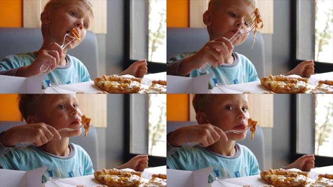 食欲不振的小可爱男孩吃披萨