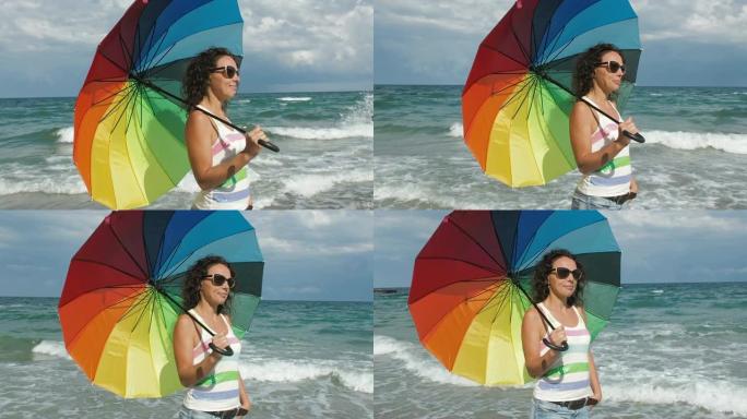 沙滩上那个打着伞的女孩。