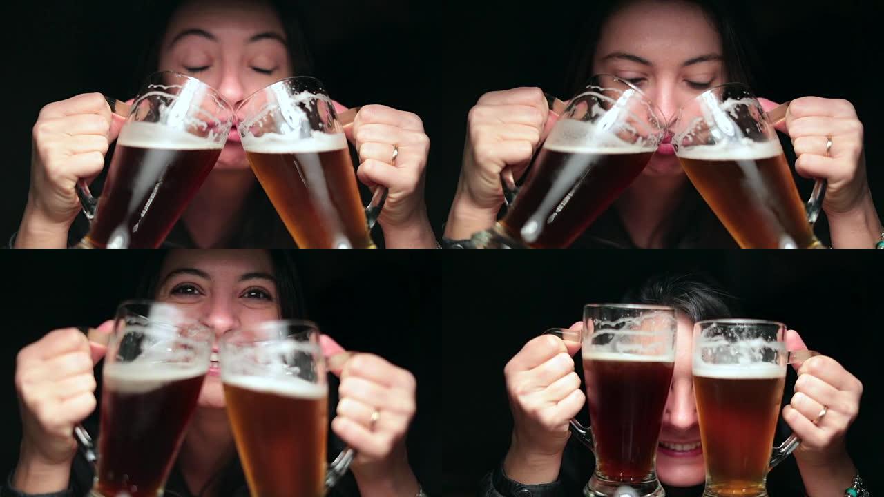 女人愚蠢地庆祝生啤酒，举着两个大杯子。女孩喝啤酒表现得很傻