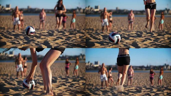一群朋友玩沙滩排球，一个苗条的黑发女孩追球
