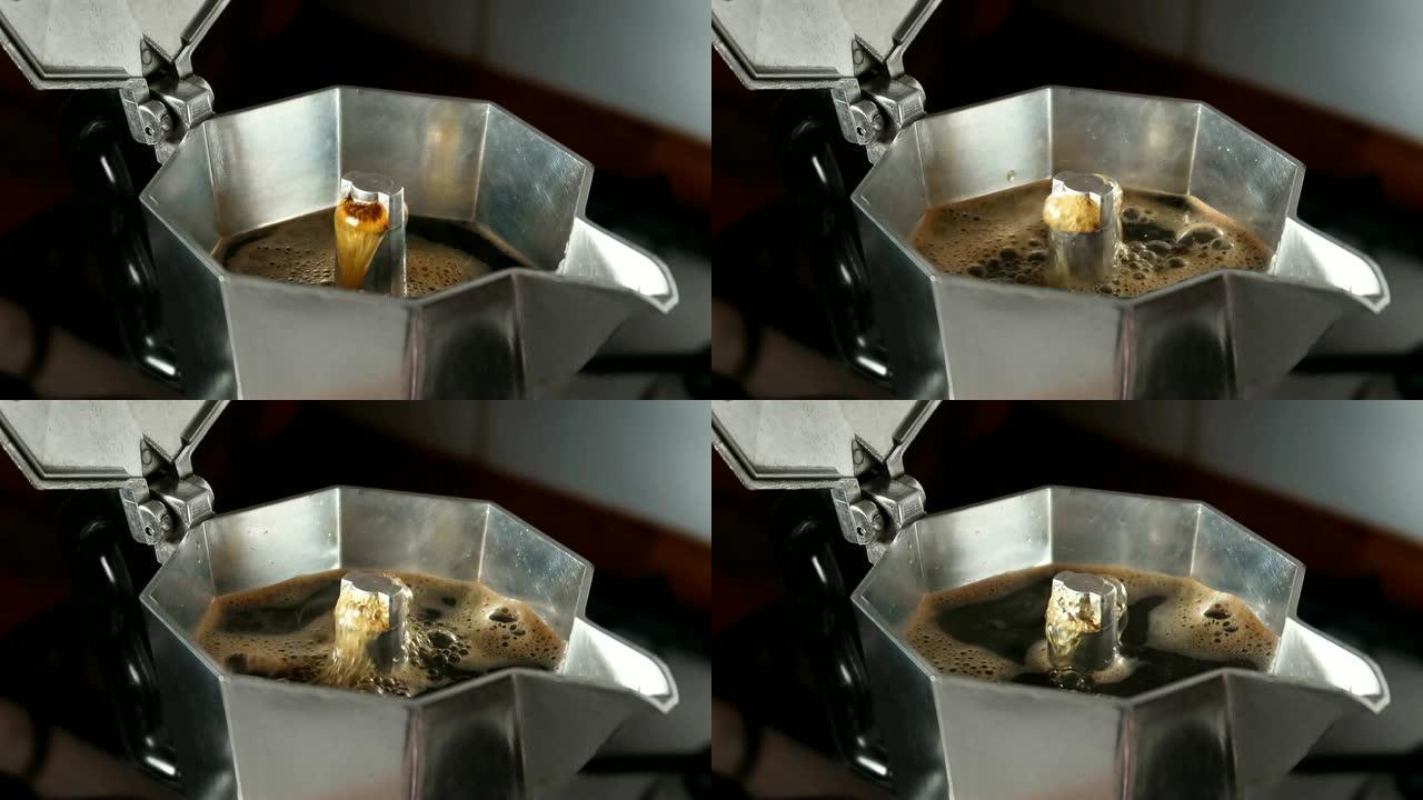 在炉灶moka express中冲泡浓缩咖啡。