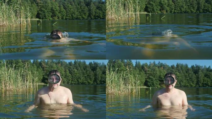 旧式面具中的湖中水中的人