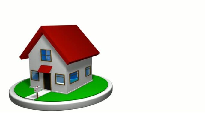 白色磁盘上红色屋顶的小房子的3D动画，前面有一个邮箱。房子旋转360度。循环动画