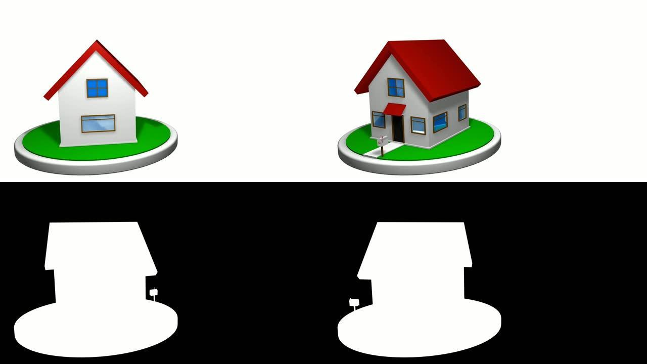 白色磁盘上红色屋顶的小房子的3D动画，前面有一个邮箱。房子旋转360度。循环动画