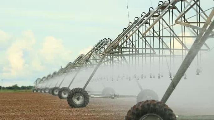 4K 60fps的枢轴灌溉系统。枢轴洒水系统灌溉作物的特写。灌溉枢纽系统浇灌农业领域