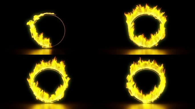 3d燃烧环，圆形框架，火焰燃烧，隔离在黑色背景