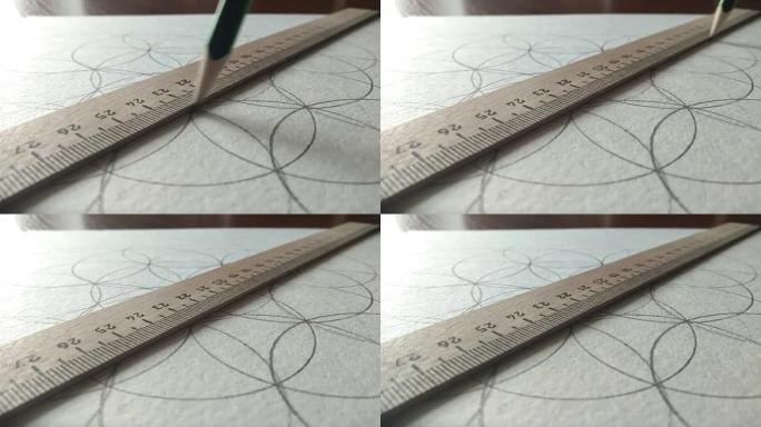 用标尺中的铅笔在带有圆圈的图上画一条线