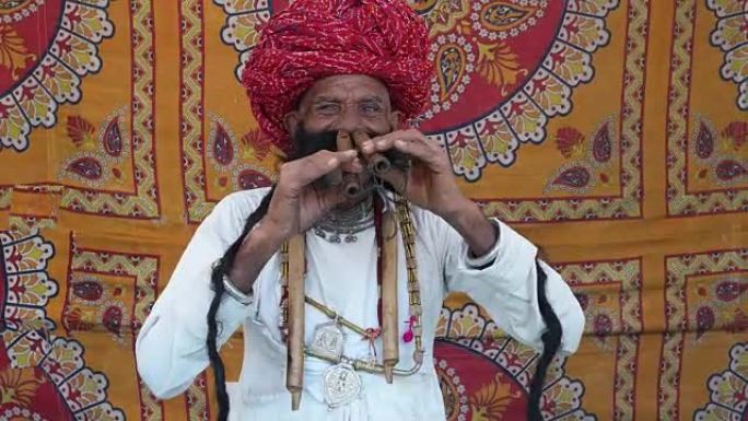 女士手持拉贾斯坦 (Rajasthani) 老年男性开始吹笛子，然后在彩色织物帐篷前致敬