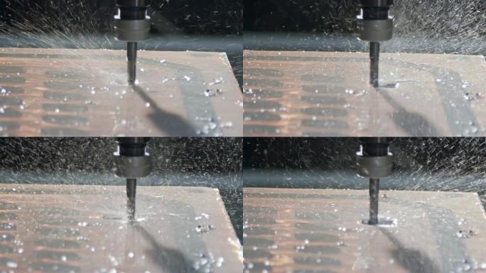 加工过程-制造高级金属零件的高精度数控铣床的慢动作镜头
