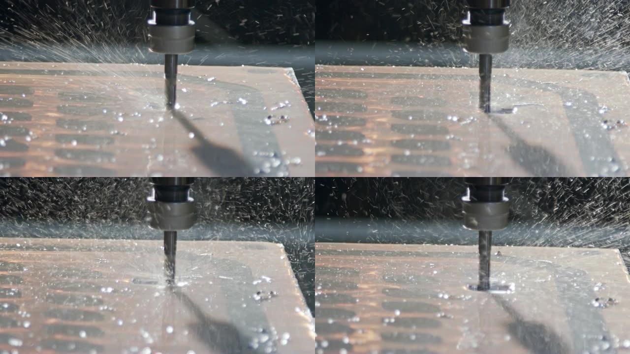 加工过程-制造高级金属零件的高精度数控铣床的慢动作镜头