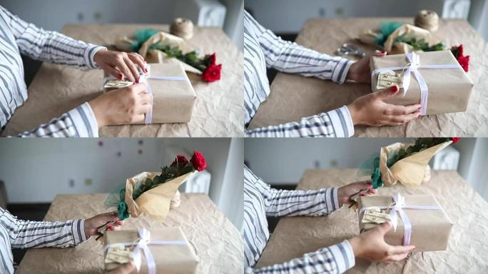 女人拿着玫瑰花束