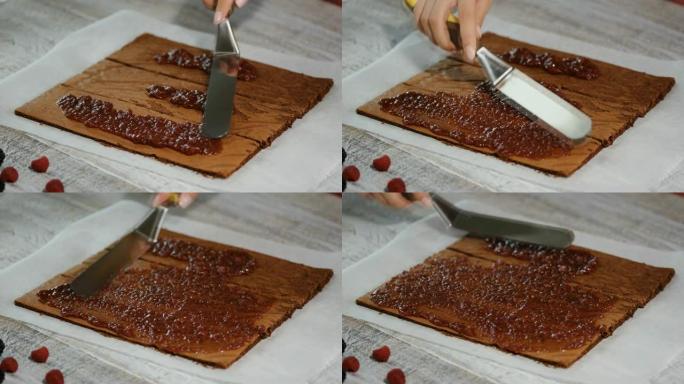用果酱制作巧克力瑞士卷蛋糕。