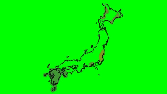 日本在绿屏孤立白板上绘制彩色地图