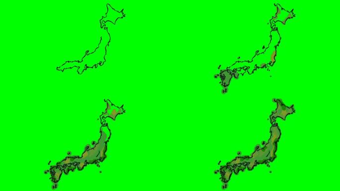日本在绿屏孤立白板上绘制彩色地图
