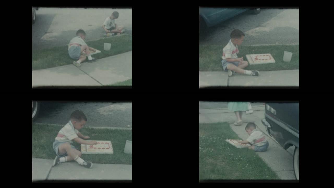 1963年轻男孩在人行道和街道上玩耍