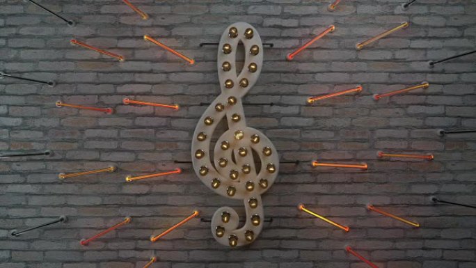 砖墙3D渲染无缝循环动画上的霓虹谱号音符符号
