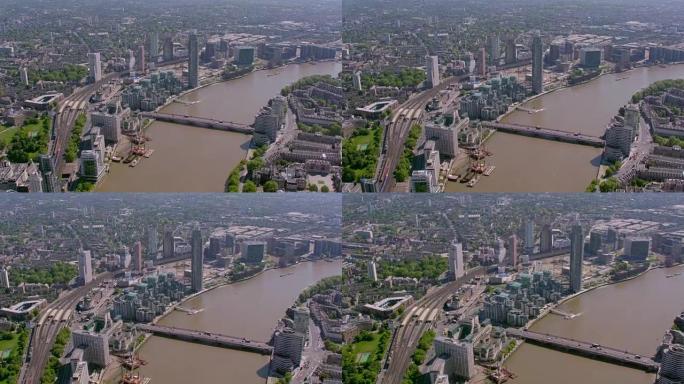 英国伦敦沃克斯豪尔泰晤士河鸟瞰图。4K