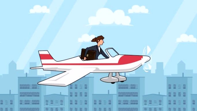 平面卡通女商人角色，带箱包，红色飞机动画，带阿尔法哑光