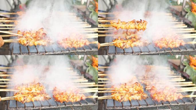 泰国街头小吃鸡肉烧烤慢动作
