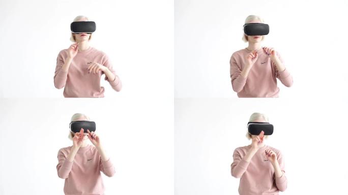 虚拟现实游戏。年轻的白化病少年愉快地使用头戴式显示器