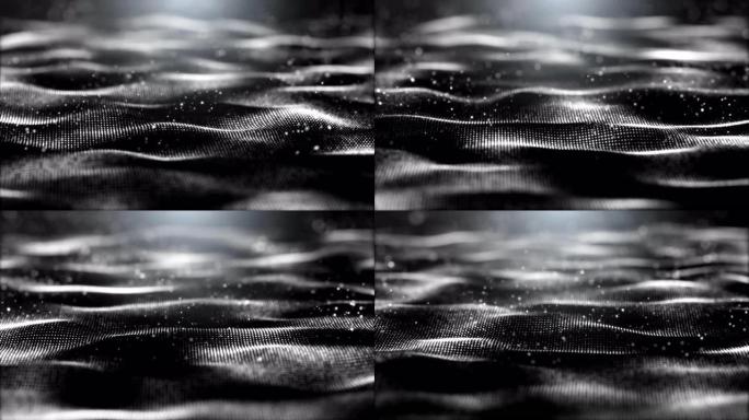 黑色背景，带有粒子的数字签名，闪闪发光的波浪，窗帘和深度较深的区域。粒子是白色光波。