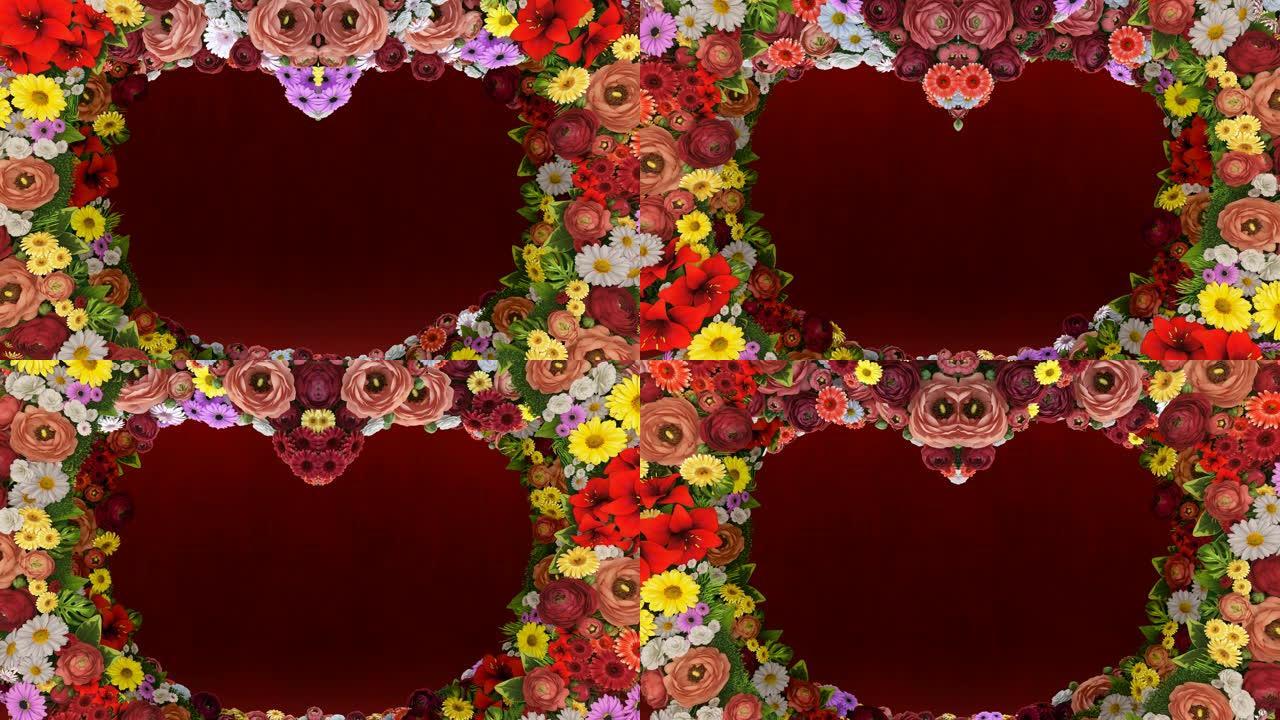 在红色节日背景上形成心形轮廓的旋转的花朵动画。婚礼，情人节，母亲节，家庭日，生日的问候模板。循环视频