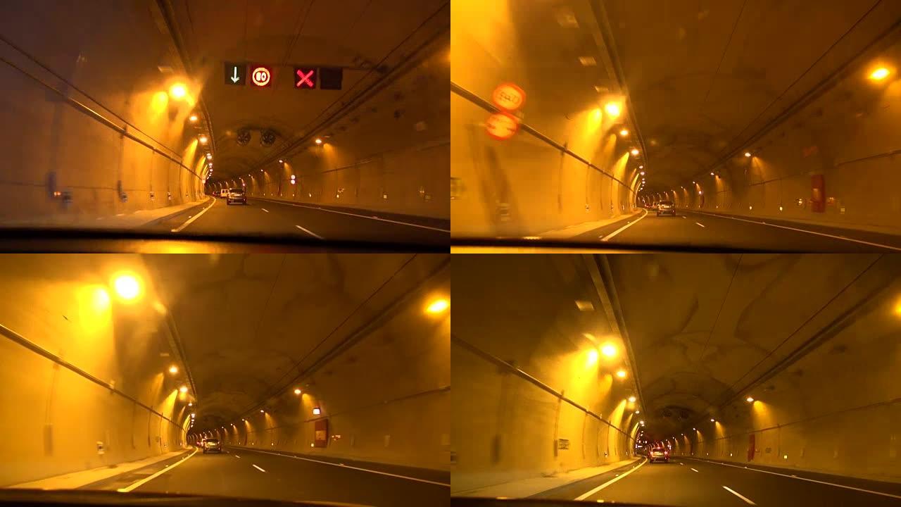 黄灯点亮隧道穿过车窗穿山