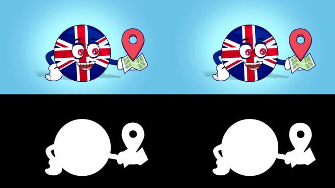 卡通的英国和英国的位置地图与阿尔法哑光动画