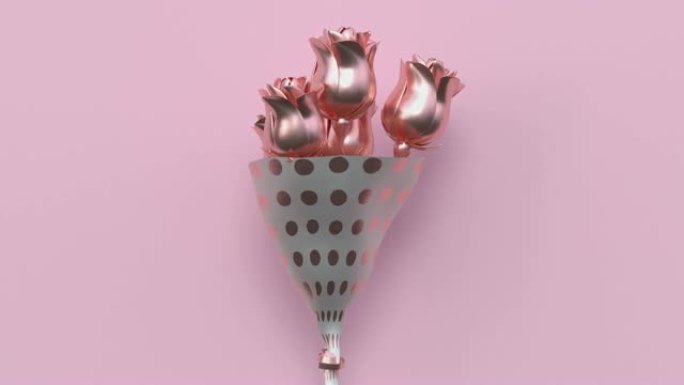 粉色平躺场景金属金色形状最小抽象运动3d渲染玫瑰/花朵bouqueetholiday爱情情人节概念