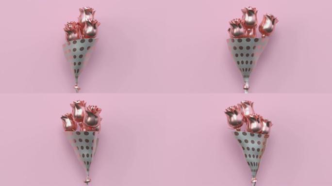 粉色平躺场景金属金色形状最小抽象运动3d渲染玫瑰/花朵bouqueetholiday爱情情人节概念