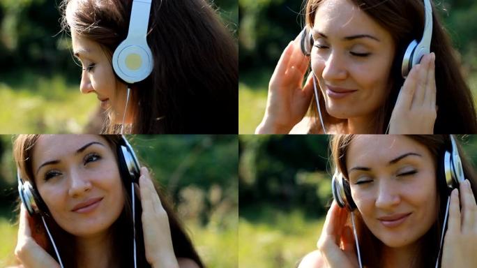 戴着耳机听音乐的女人。肖像美丽的女孩。脸部特写。