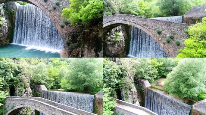雄伟的瀑布和一座古罗马桥的惊人鸟瞰图，希腊著名的地方，旅游目的地，