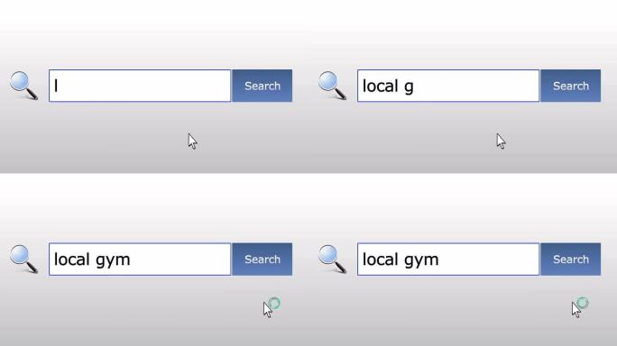 本地健身房-图形浏览器搜索查询，网页，用户输入搜索相关结果，计算机互联网技术。网页浏览打字字母，填写