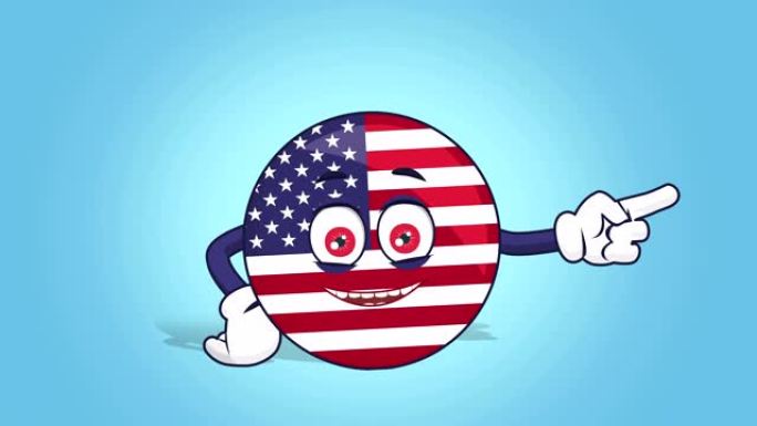 卡通美国标志美国国旗美国快乐的右指针与脸动画