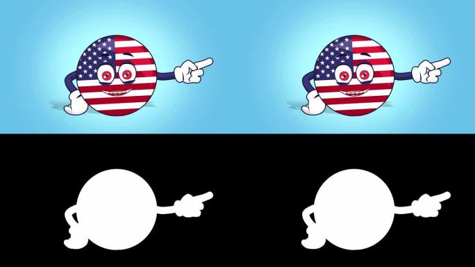卡通美国标志美国国旗美国快乐的右指针与脸动画
