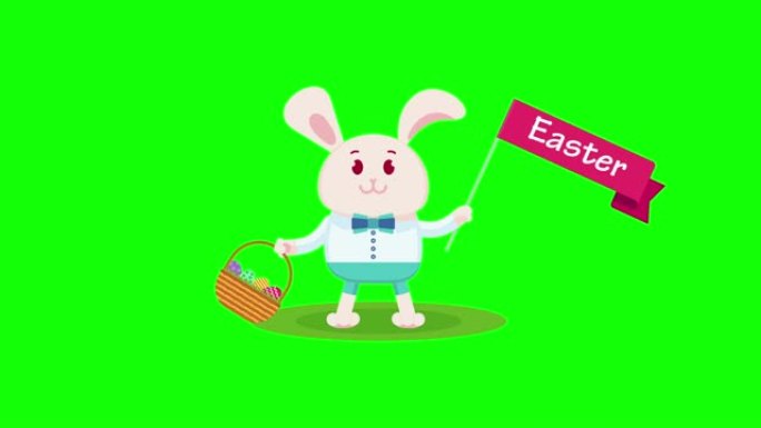 穿着白衬衫的复活节兔子拿着复活节彩蛋放在爪子柳条篮子里，挥舞着旗帜