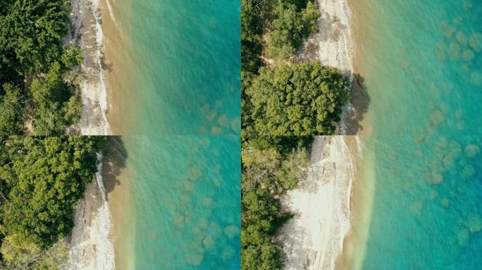 令人惊叹的空中无人机偏远热带海洋海岸的最小几何图像，有多石海滩郁郁葱葱的雨林丛林和从上往下看的水晶般